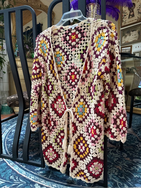 Johnny Was Sweaters - Johnny Was Multicolor Crochet Tie-Front Cardigan with Cream Trim, Stevie.